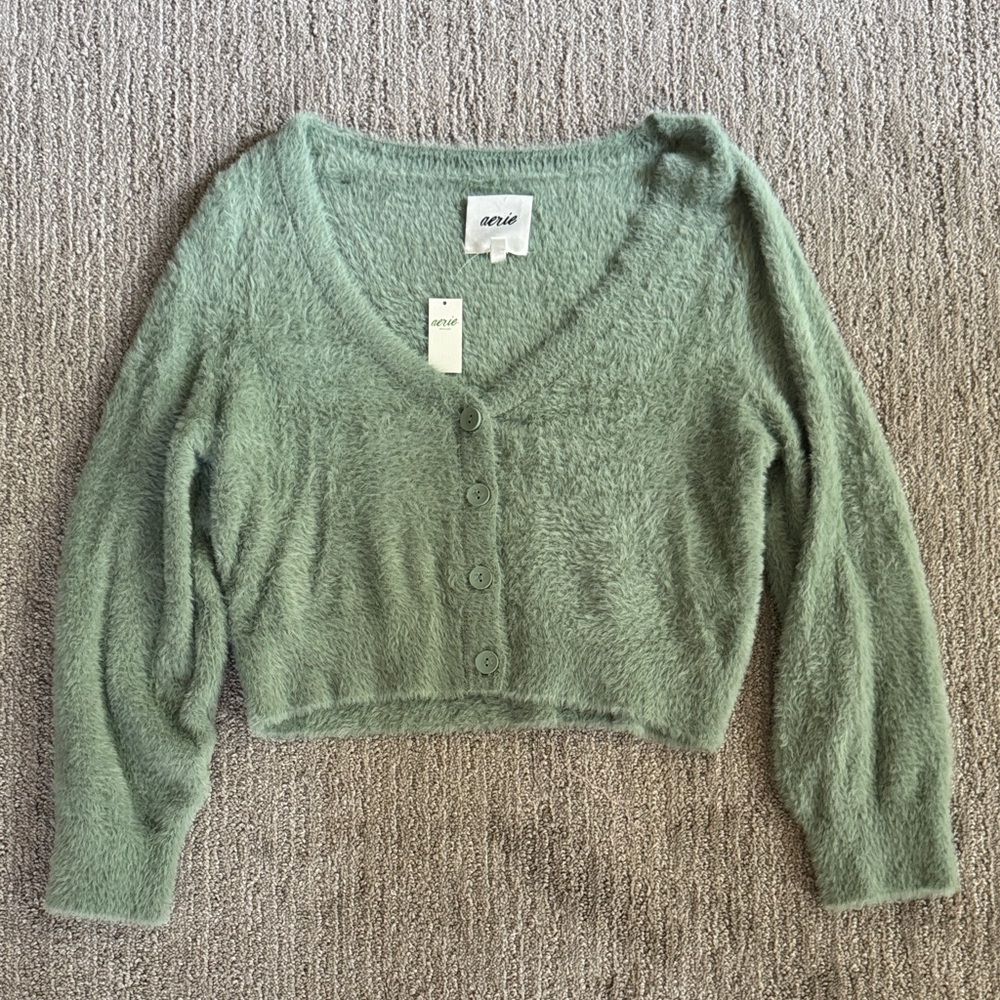 Aerie Soft Green Fuzzy Cropped Cardigan